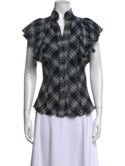 Pre-owned A Shirt Thing Plaid Print V-neck Top In Blue/grey