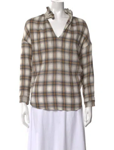 Pre-owned A Shirt Thing Plaid Print V-neck Top In Blue/white/yellow