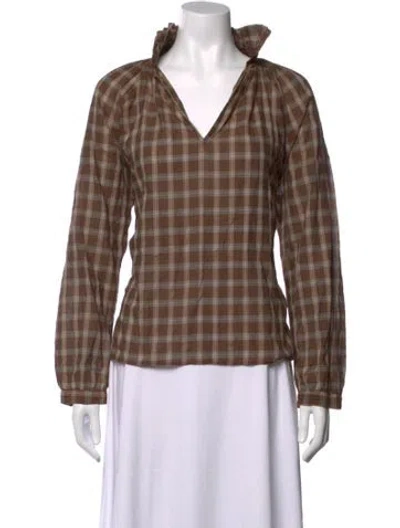 Pre-owned A Shirt Thing Plaid Print V-neck Top In Brown