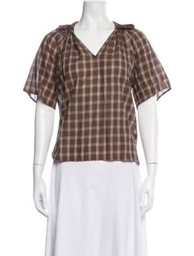 Pre-owned A Shirt Thing Plaid Print V-neck Top In Brown