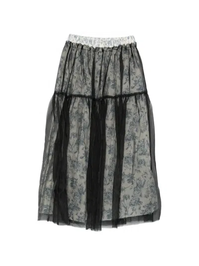 A Tentative Atelier Toile De Jouy Tulle-overlay Skirt In Black