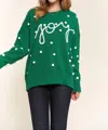 A Thousand Words Joy Pompom Pullover Sweater In Green In Animal Print