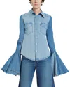 A.w.a.k.e. A. W.a. K.e. Mode Recycled Denim Shirt With Pleated Bell Sleeves Blue In Blue