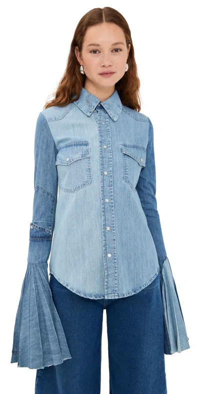 A.w.a.k.e. A. W.a. K.e. Mode Recycled Denim Shirt With Pleated Bell Sleeves Blue