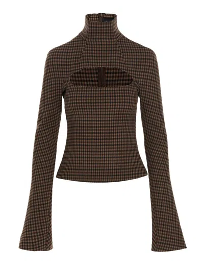 A.w.a.k.e. Gingham Cut-out Flared Sleeve Top In Brown