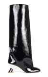 A.w.a.k.e. Christy Knee-high Metallic Wedge Patent Leather Boots In Black
