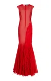 A.w.a.k.e. Cotton Organza Godet Ruffle Maxi Dress In Red
