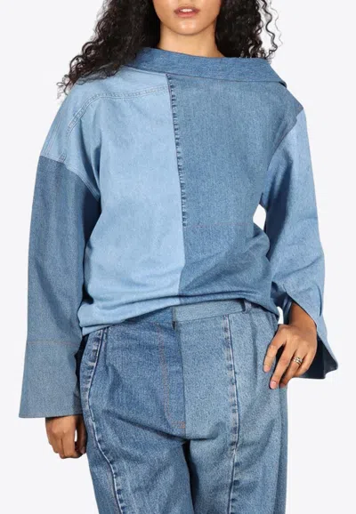 A.w.a.k.e. Deconstructed Patchwork Denim Shirt In Blue