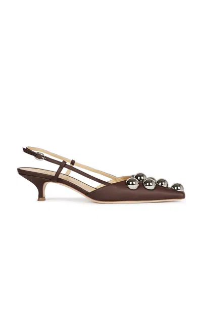 A.w.a.k.e. Rita Big Studded Leather Slingback Kitten Heels In Brown