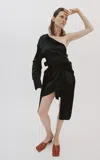 A.w.a.k.e. Satin Asymmetrical Sleeve Mini Shirt Dress In Black