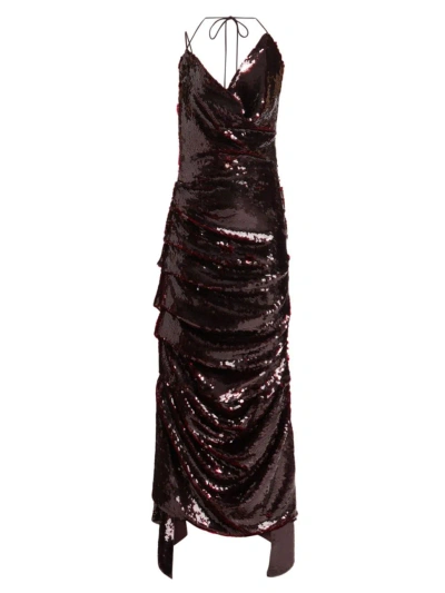 A.w.a.k.e. Women's Sequined Fitted Asymmetric Ruched Gown In Burgundy