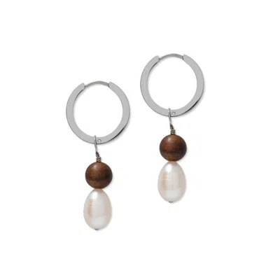 A Weathered Penny Women's Silver Large Pearl & Wooden Hoops