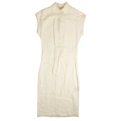 A White Button Down Sleeveless Shirt Dress In Beige