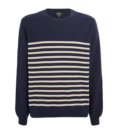 Apc Cashmere-cotton Striped Sweater In Navy