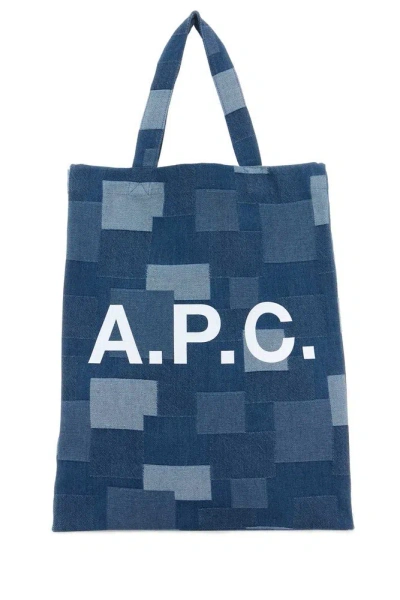 Apc A.p.c. Logo Printed Denim Tote Bag In Blue