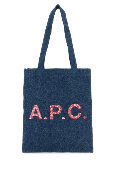 Apc A.p.c. Logo Printed Denim Tote Bag In Blue