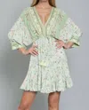 Aakaa Dolman Sleeve Tie Front Waist Border Print Mini Dress In Pale Green Multi In Multi