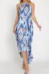 Aakaa Halter Backless Tie Front Waisted Maxi Dress In Blue In Blue