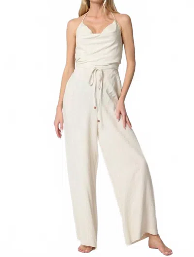 Aakaa Iris Cowl Tie Back Neck Backless Belted Jumpsuit In Cream In White