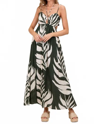 Aakaa Palm Print Tie-back Maxi Dress In Olive Green In Brown