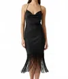 Aakaa Violet Cowl Neck Fringe Hem Detailing Slip Midi Dress In Black In Black