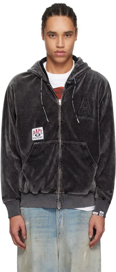 Aape By A Bathing Ape Black 'aape' Logo Velvet Zip-up Hoodie In Bkl Light Black