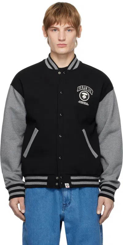 Aape By A Bathing Ape Black & Gray 'aape Now' Moonface Logo Baseball Jacket In Bkx Black
