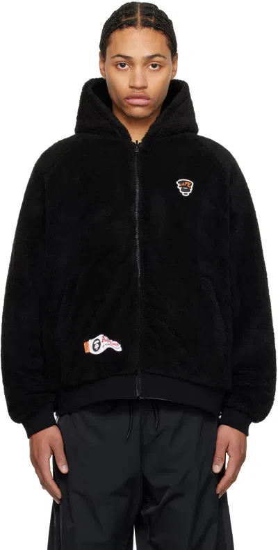 Aape By A Bathing Ape Black & Gray Moonface Logo Zip-up Reversible Hoodie In Bkx Black