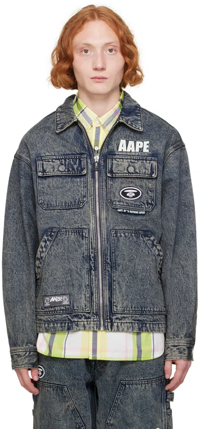 Aape By A Bathing Ape Blue Embroidered Denim Jacket In Bkc Black (navy)