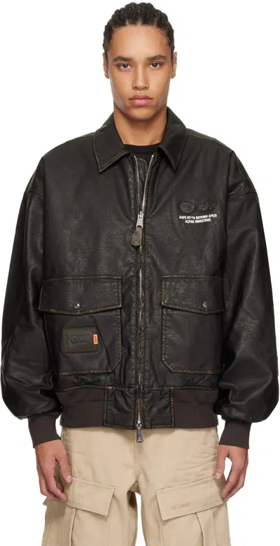 Aape By A Bathing Ape Brown Alpha Industries Edition Crossover Faux-leather Bomber Jacket In Bwd Dark Brown