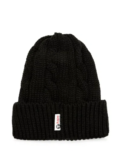 Aape By A Bathing Ape Cable-knit Logo-patch Beanie Hat In Black