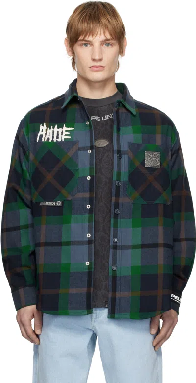 Aape By A Bathing Ape Green & Navy 'aape Unvs' Long Sleeve Check Shirt In Nym Navy (green)