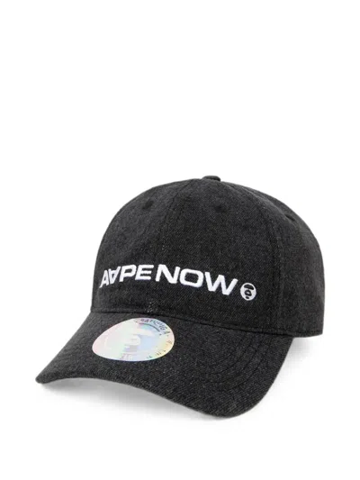 Aape By A Bathing Ape Moonface Embroidered Denim Cap In Black