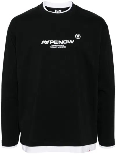 Aape By A Bathing Ape Moonface Embroidered Long Sleeves Tee In Bkx Black