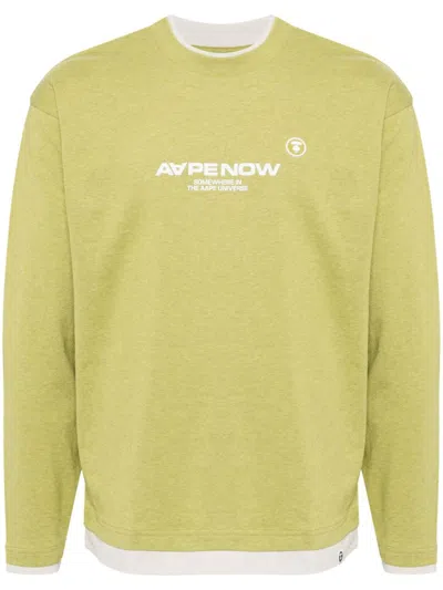 Aape By A Bathing Ape Moonface Embroidered Long Sleeves Tee In Green