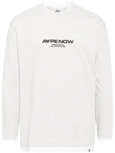 Aape By A Bathing Ape Moonface Embroidered Long Sleeves Tee In Grey