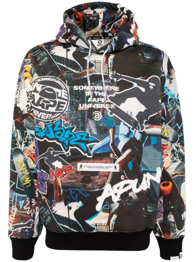 Aape By A Bathing Ape Moonface-logo Graffiti-print Hoodie In Black