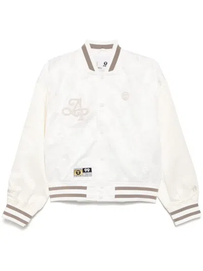Aape By A Bathing Ape Moonface Logo Varsity Jacket In White