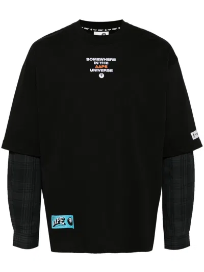 Aape By A Bathing Ape Moonface Plaid-panelled Long-sleeve Tee In Bkx Black
