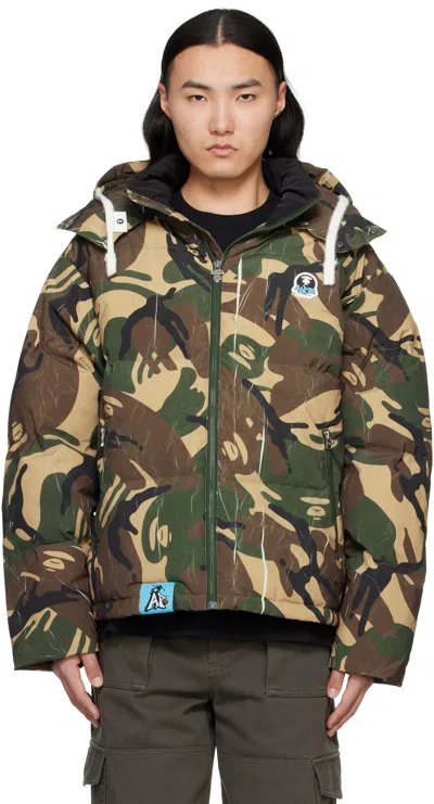 Aape By A Bathing Ape Multicolor Moonface Camo Hooded Down Jacket In Grr Green (yellow)