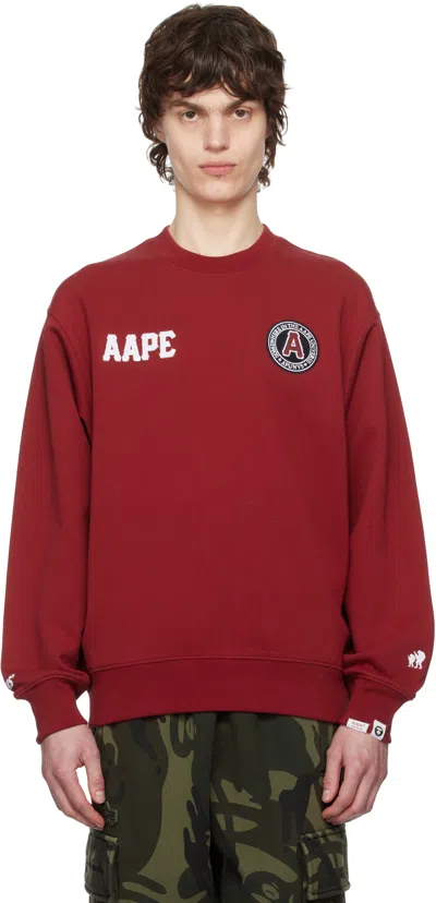 Aape By A Bathing Ape Red Logo Patch Crewneck Sweatshirt In Bdx Burgundy