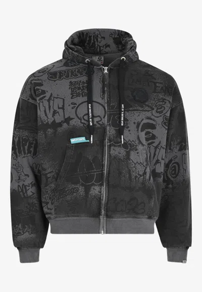 Aape Graffiti Zip-up Faded Hoodie In Black