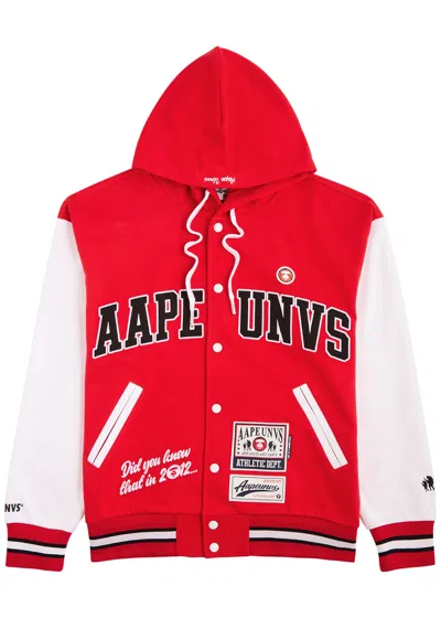 Aape Logo Hooded Jersey Varsity Jacket In Red And White