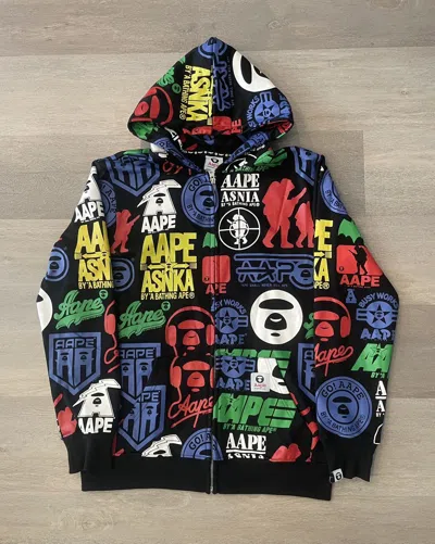 Pre-owned Aape X Bape Crazy Aape By Bape All Over Print Graphic Zip Up Hoodie In Multicolor