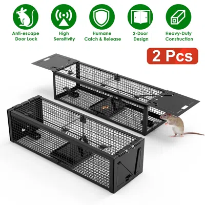 Aapo 2pack 15.35x4.72x3.94in 2-door Humane Live Rat Trap Galvanized Iron Rodent Trap Cage Reusable For Ho In Black