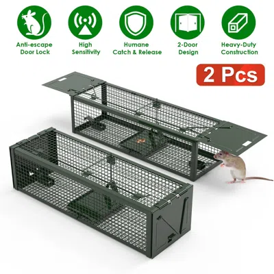 Aapo 2pack 15.35x4.72x3.94in 2-door Humane Live Rat Trap Galvanized Iron Rodent Trap Cage Reusable For Ho In Green
