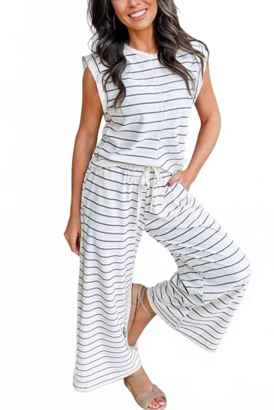 Aapparella Casual Style Striped Short Sleeve Two-piece Set In Blue In White