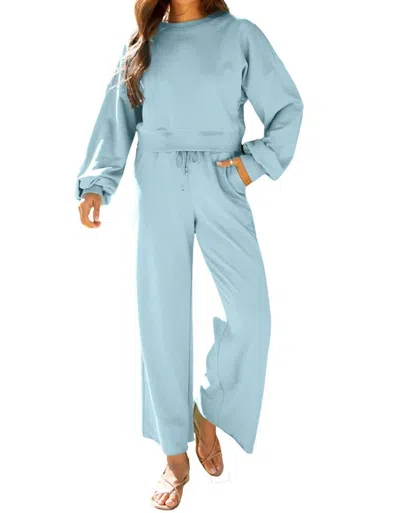 Aapparella Crewneck Terry Top With Wide Leg Raw Edge Bottoms Set In Baby Blue