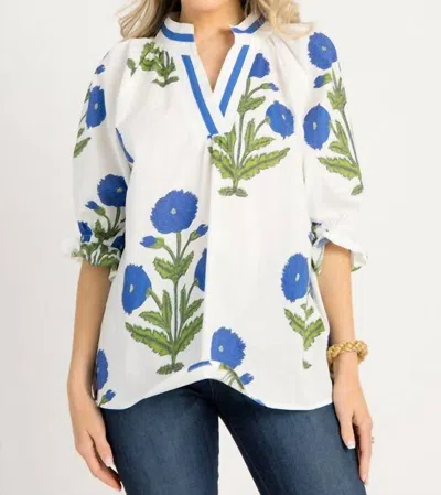 Aapparella Floral V Neck 3/4 Sleeve Blouse In White/ Blue