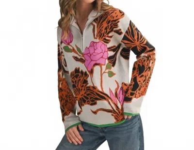 Aapparella Half-zip Long Sleeve Sweater In Orange & Pink Bold Blooms On Cream In White
